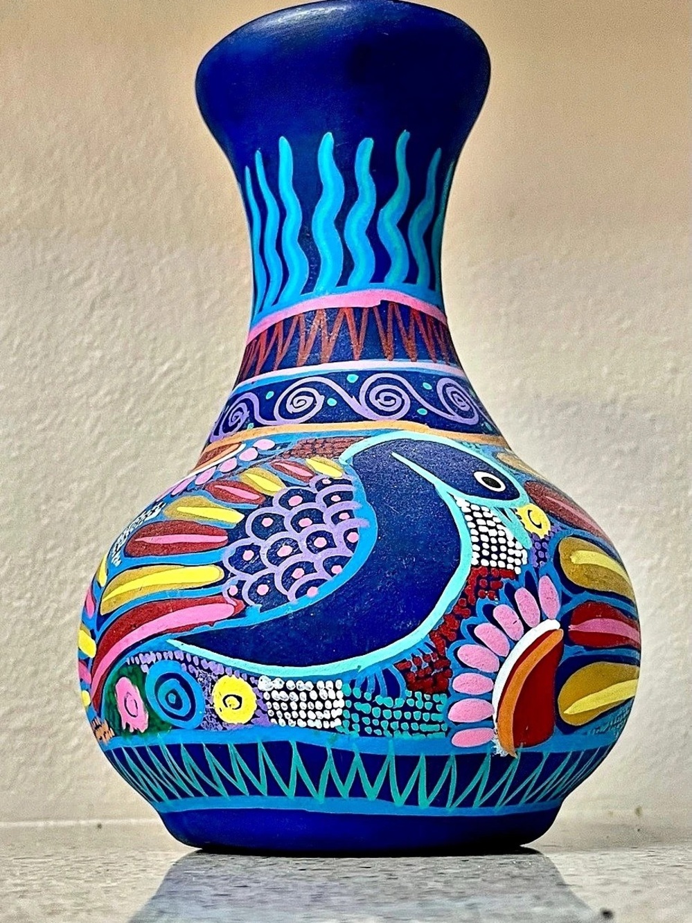 Hand-Painted Peacock Vase in Blue & Multicolor